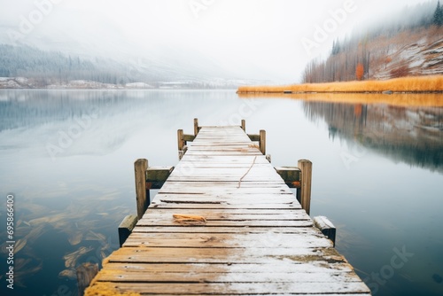 a weathered wooden dock jutting into a frosted lake photo