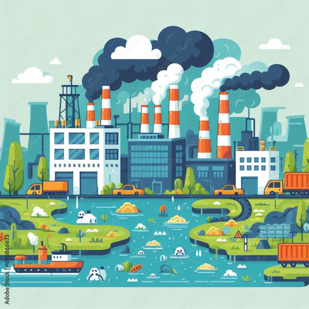 Illustration Ecology, concepts of land pollution, hazardous waste from factories and transportation