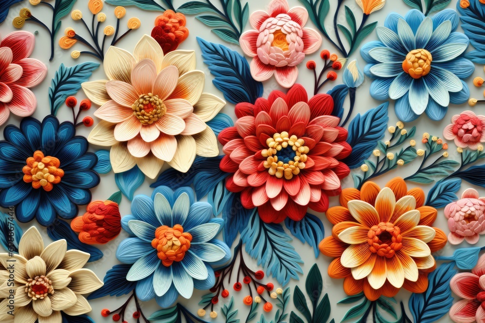 Floral embroidery on a material. Fabric background with colorful embroidered flowers. Generative AI