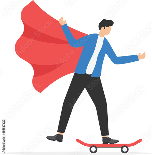 businessmen pretend to be superheroes.character having fun on skateboard. Playing at home with creativity and imagination. Success, leader and winner concept. Vector illustration

