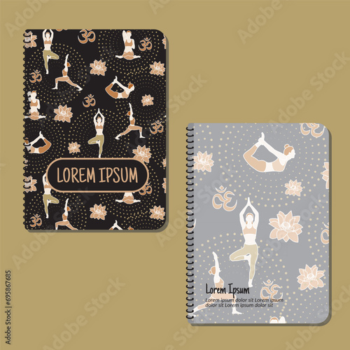 Cover page templates. women yoga poses pattern layouts. Applicable for notebooks and journals, planners, brochures, books, catalogs, etc. Repeat patterns and masks used, able to resize.