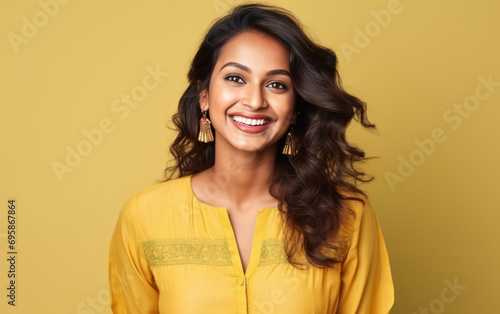 Young indian woman on yellow background © PRASANNAPIX