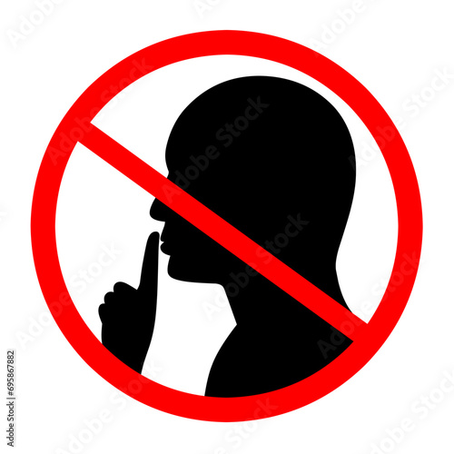 Please be calm and calm icon with prohibition circle. Shhh gesture icon with black face and hands. Finger covering mouth on white background. Vector silhouette.