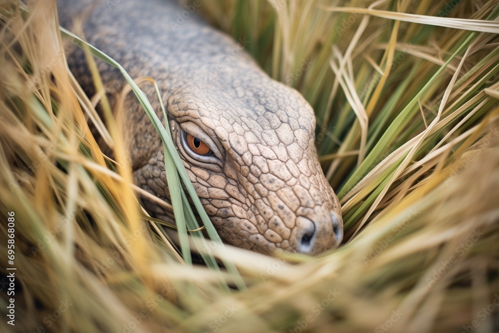 Obraz premium top view of komodo dragon among grasses