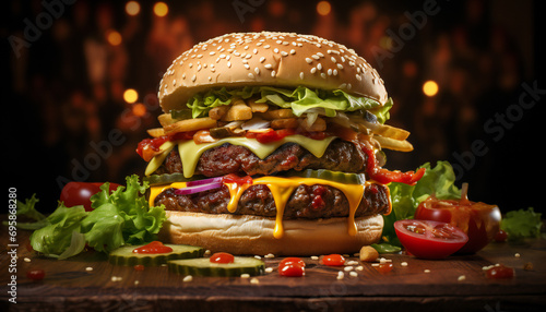 Recreation of a big double burger with vegetables and cheese