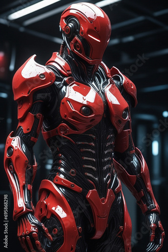 an intricate red and black biomechanical suit splashing and dripping a crisp and smooth beautiful. ai generative © Big