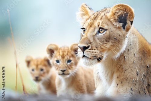 lioness gazing ahead with cubs by her side