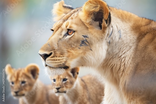 lioness gazing ahead with cubs by her side