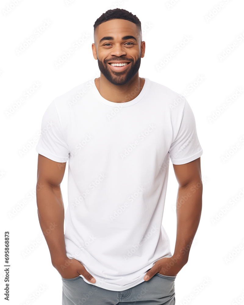 African american man with white mockup t-shirt isolated on transparent background African american man with white mockup t-shirt isolated on transparent background