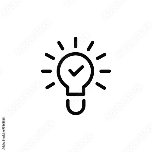 black bulb with checkmark like quick tip icon. flat stroke linear simple trend modern efficiency logotype design element isolated on white. concept of visionary info pictogram or conclusion symbol