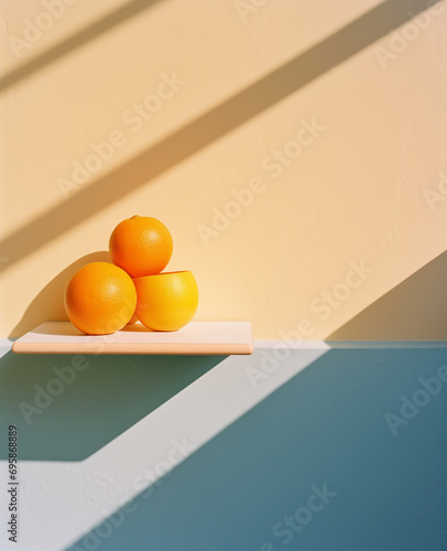 Oranges on a shelfs with sun light on the wall.