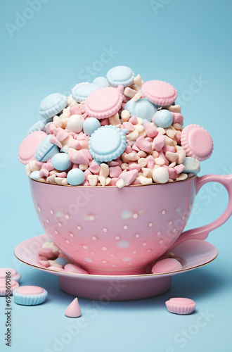 Pink and white and blue marshmallows in pink cup of tea on blue background.