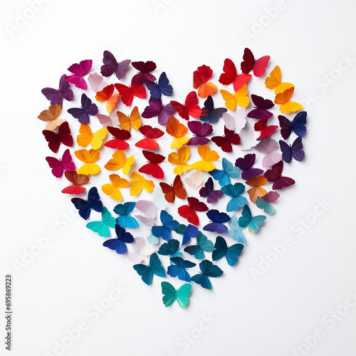 Hart shape made of different colors of paper butterflies on white background.