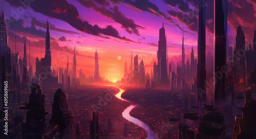 Synth wave retro city landscape background sunset