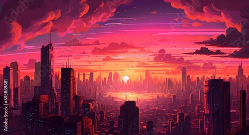 Synth wave retro city landscape background sunset