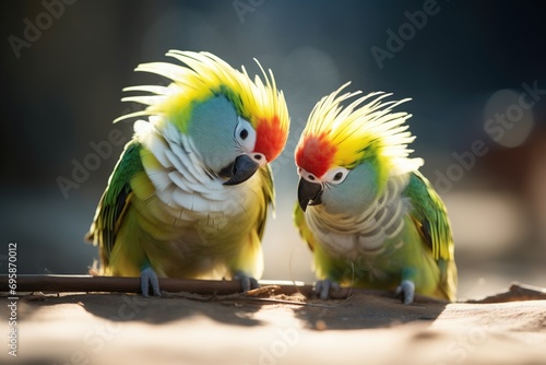parakeets with colorful feathers preening under sunlight