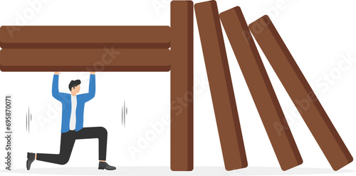 Risk management, protecting business from disaster or crisis, leadership to avoid losing money, problem and failure concept, smart businessman company leader remove domino to stop domino effect collap