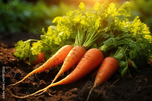 Freshly picked carrots on the soil in a field of a farm, agriculture and vegetables farming concept. Generative AI