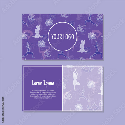 Business card template, women yoga poses seamless pattern vector design. Double-sided creative business card template. Landscape orientation. Vector illustration.