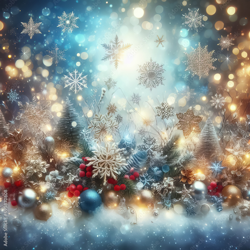 Christmas and New Year abstract festive background with winter forest and snowflakes