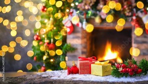 christmas celebrate festive greeting joyful happiness background christmas tree fireplace with kighting bokeh and decorating items blur bokeh background ai generate