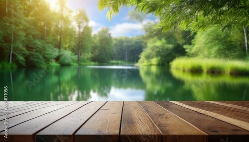 the empty wooden table top with blur background of summer lakes green forest high quality photo © Susan