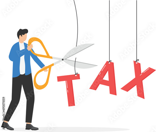 tax cut or reduction concept. Business efficiency and tax optimization symbol. Businessman cutting tax alphabet vector illustration

