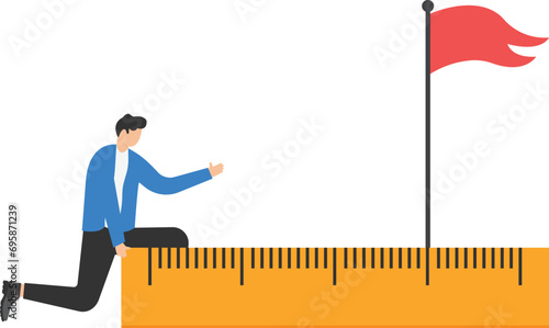 Business success measurement, how far from business goal and achievement or growth metric analysis concept, smart businessman using measuring tape to measure and analyze distance from target flag.

