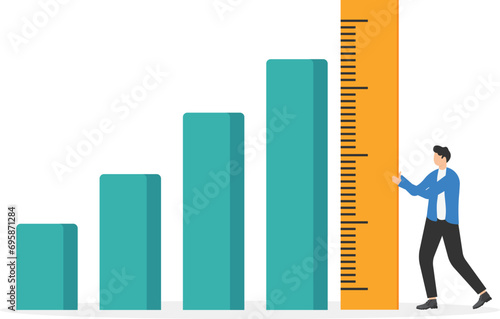 Business benchmark measurement, KPI, key performance indicator to evaluate success, improvement or business growth concept, businessman and woman help using measuring tape to measure bar graph.

