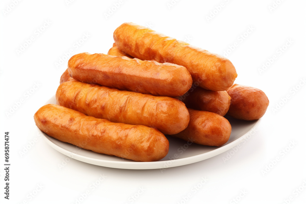 Fried pork sausages, isolated on white background Fried pork sausages, isolated on white background
