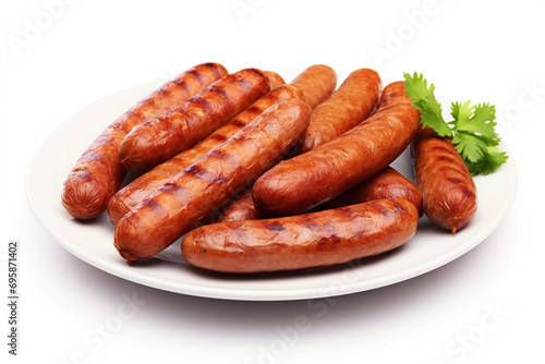 Fried pork sausages, isolated on white background