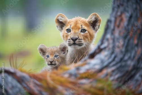 puma mother with cub under pine tree