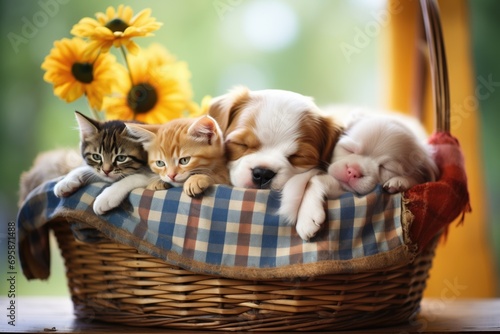 a basket with slumbering kittens and a dozing puppy photo