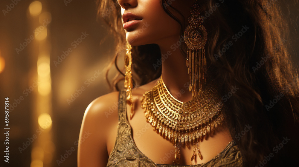 Young indian woman wearing gold necklace - obrazy, fototapety, plakaty 