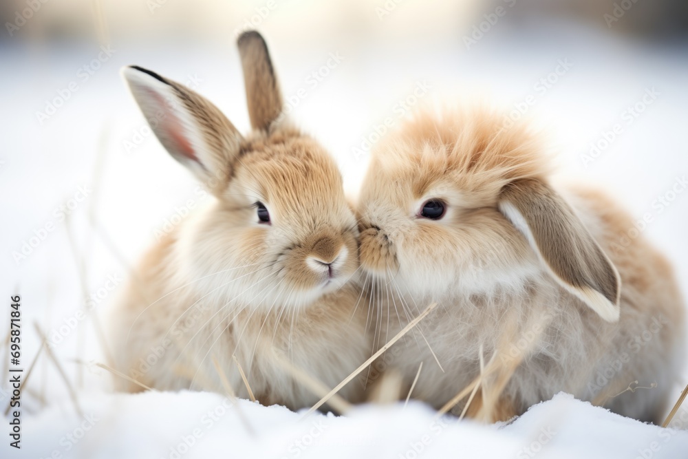 snowy rabbits in winter, sharing warmth while grooming snowy rabbits in winter, sharing warmth while grooming
