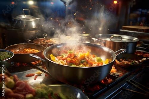 A photorealistic image of a chef preparing a dish in a busy kitchen, with steam rising from the pots and pans, and colorful ingredients spread out on the counter. Generative AI