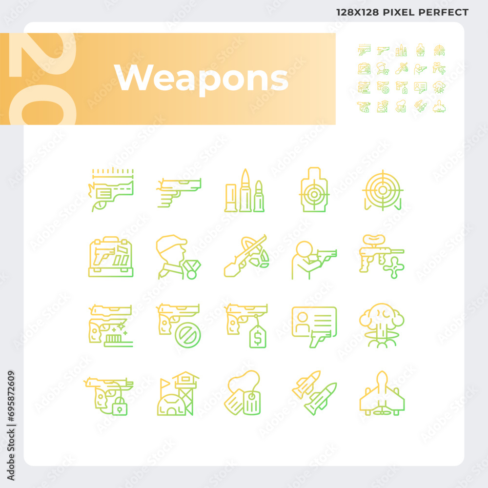 Pixel perfect simple gradient thin line icons set representing weapons, linear illustration. Pixel perfect simple gradient thin line icons set representing weapons, linear illustration.