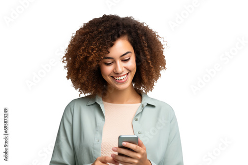 Front view of afro-american Young happy woman looking at his phone isolated on a cutout PNG transparent background