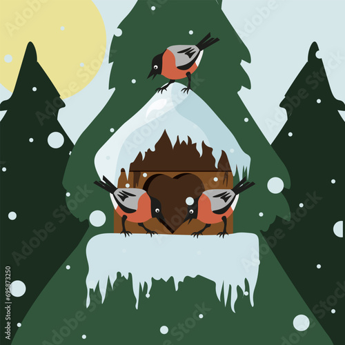 Winter clip art with Bullfinches and a birdhouse. Design Christmas card cover in trendy retro style. Winter landscape with birds. Vector illustration can used children books paint and t-shirt print.