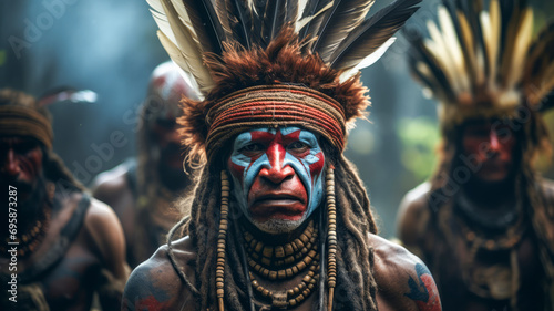 Tribal people with traditional face paint and headdresses in a forest setting. photo