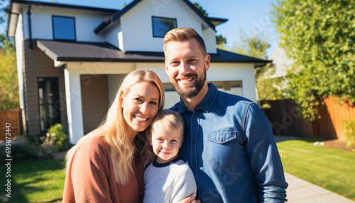Happy Family Posing in Front of Their New Home: A Proud Moment in Real Estate and Life Goals