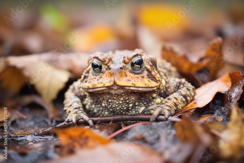 toad camouflaged in saturated autumn leaves