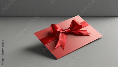 blank red gift card or gift voucher with red ribbon bow on gray background with shadow minimal conceptual 3d rendering