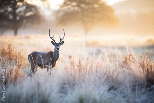 frosted grass with waterbuck at sunrise © primopiano