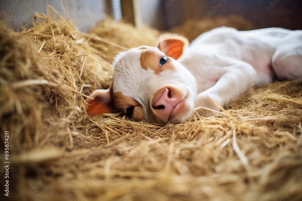 newborn calf lying on straw bedding newborn calf lying on straw bedding