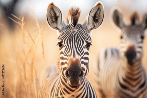 zebras in mid-chew  eyes looking forward