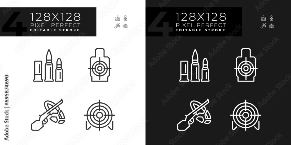 Pixel perfect light and dark icons set of weapons, editable thin line illustration.