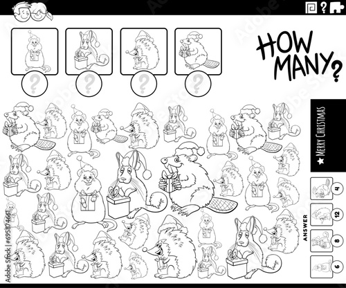 counting activity with cartoon animals on Christmas coloring page