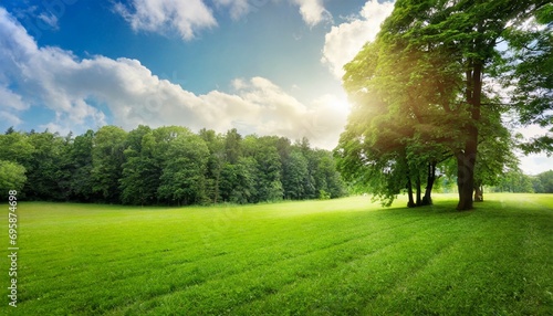 fresh air and beautiful natural landscape of meadow with green tree in the sunny day for summer background beautiful lanscape of grass field with forest trees and enviroment public park with sun ray photo