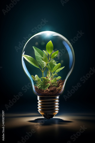 An artistic rendering of a light bulb with a plant growing inside, symbolizing sustainable ideas.